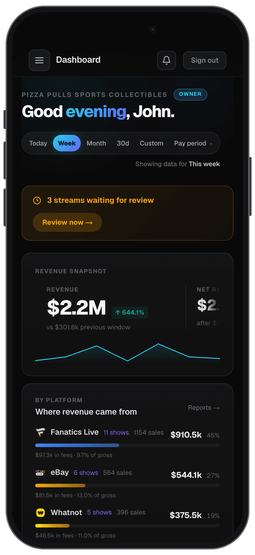 Live.Pro dashboard on iPhone — revenue updating live