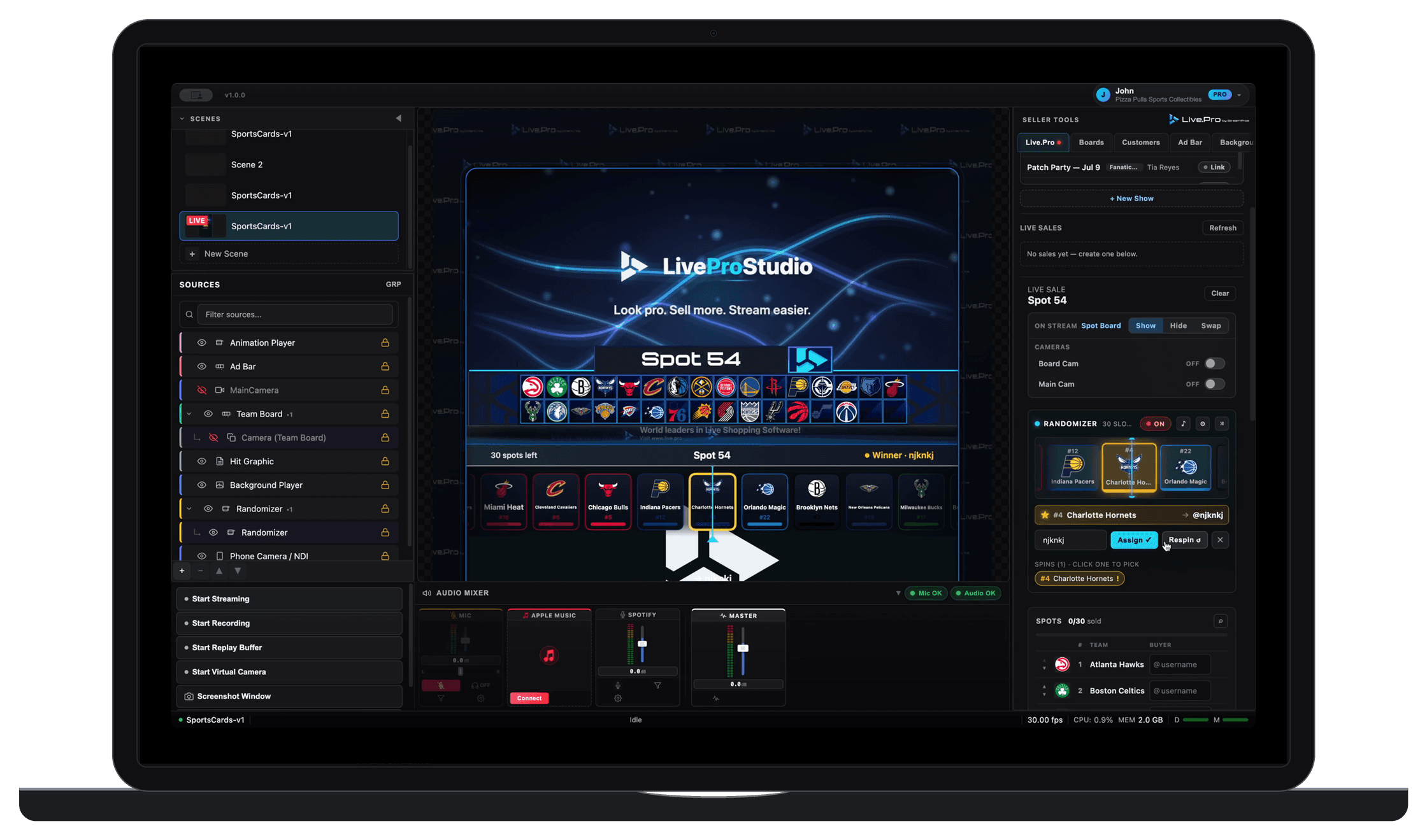 LiveProStudio on a MacBook — scenes, board, and seller console